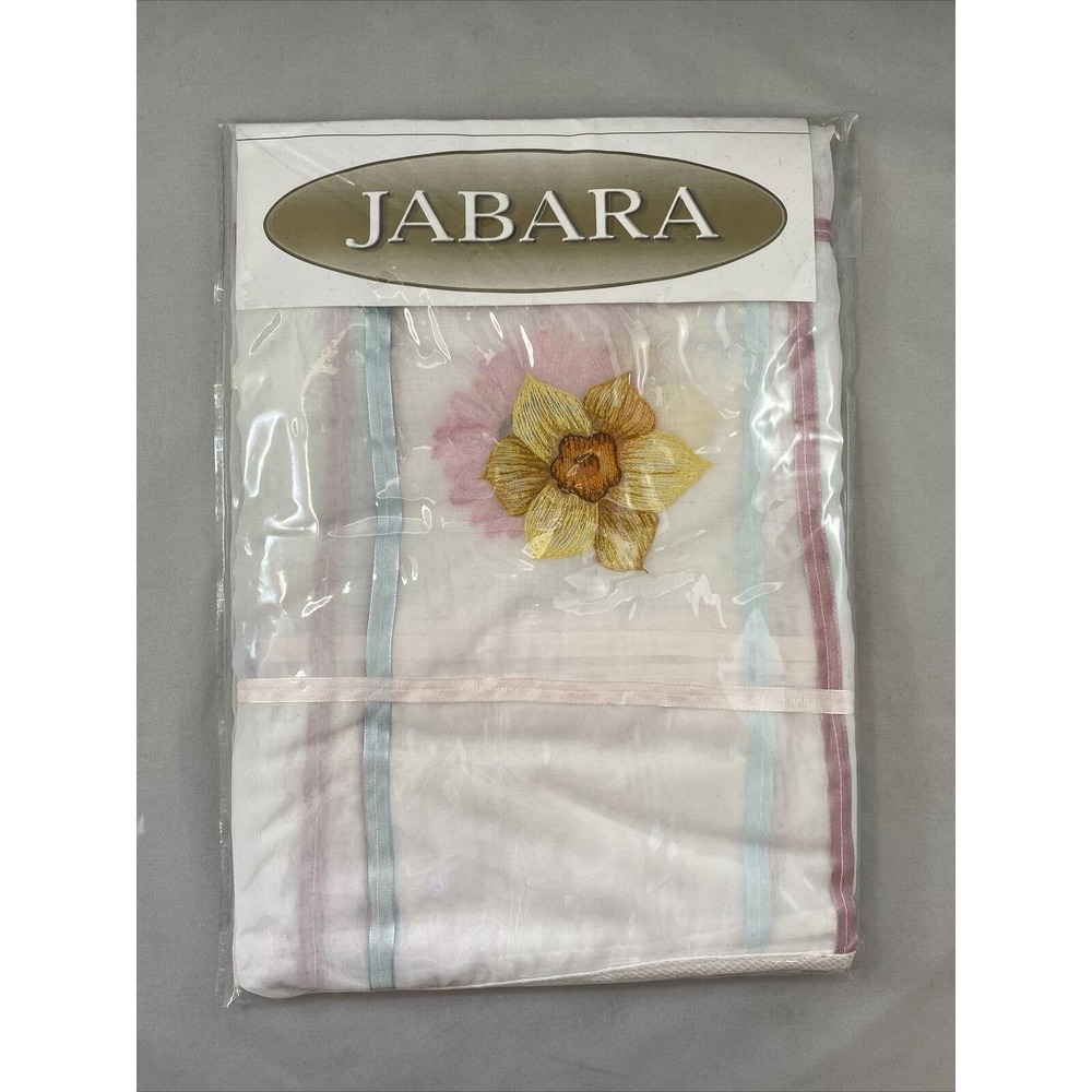 JABARA * Round Table Cloth 65" White w/ Multicolor Ribbons & Flowers * (A1-2)